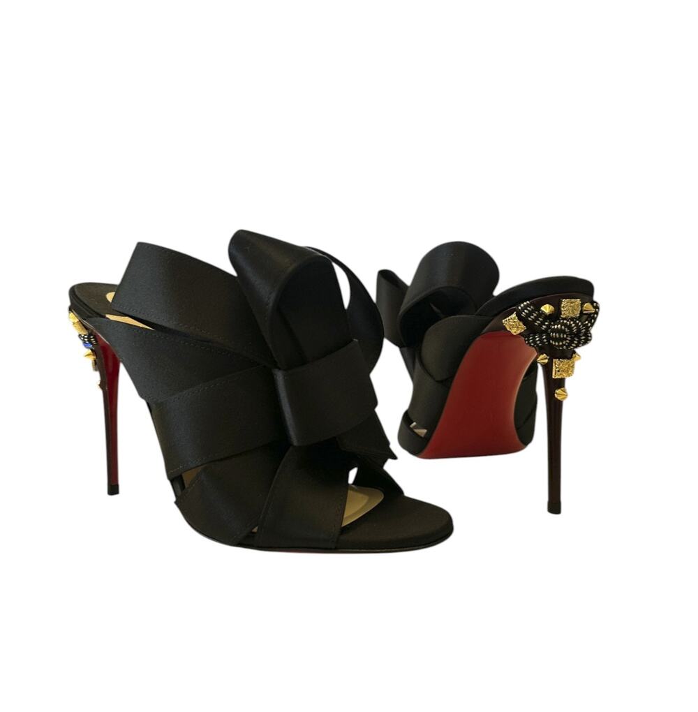 Christian Louboutin Edo Mule 100 Black Satin Samurai Heel Sandals 39 NIB